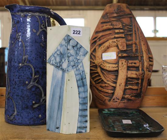 Cornish pottery - 2 lamps, a vase and a jug and a Welsh pottery dish